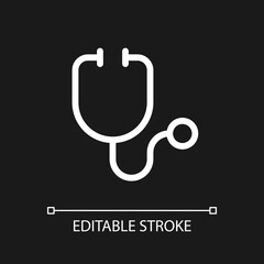 Stethoscope pixel perfect white linear ui icon for dark theme. Medical instrument. Health. Vector line pictogram. Isolated user interface symbol for night mode. Editable stroke. Arial font used