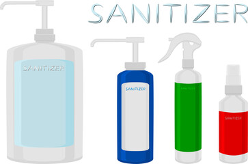 Set of different model sanitizer in soap dispenser for disinfection