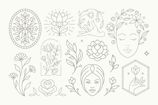 Magic esoteric flower decorative design monochrome simple line art logo set vector illustration