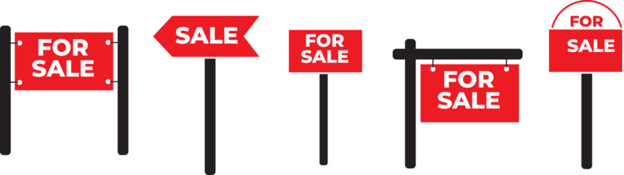 Sale real estate signs. For sale vector red sign. Vector isolated collection signs.
