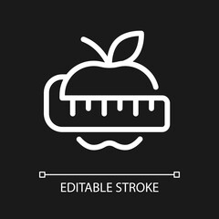 Fruit and measuring tape pixel perfect white linear ui icon for dark theme. Weight loss. Diet. Vector line pictogram. Isolated user interface symbol for night mode. Editable stroke. Arial font used