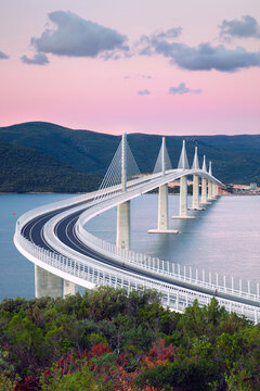 Peljesac Bridge, Croatia. Image of beautiful modern multi-span cable-stayed Peljesac Bridge over the sea in Dubrovnik-Neretva County, Croatia at sunrise.