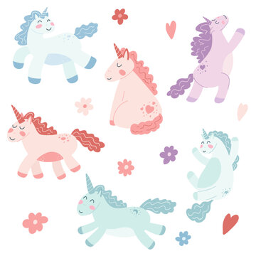 Set of cute unicorns in cartoon flat style. Vector illustration of baby horse, colorful pony animal for fabric print, apparel, children textile design, card