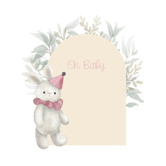 Watercolor arch baby shower card with green leaves and plush toy bunny. Hand drawn clipart. Perfect for card, postcard, tag, invitation, printing, wrapping.