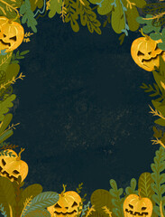 Halloween decorations frame with leaves and pumpkins over dark background - 537498160
