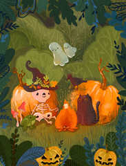 Halloween card with ghosts, pumpkin, skeleton, crow, black cat, witch hat, decor, element, mushroom, leaf, fire - 537498161