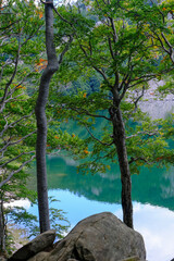  Lake Santo, Lago Santo across the mountains and woods. Nature reflects on the surface of the lake. National park Appennino Tosco-Emiliano. Lagdei, Emilia-Romagna