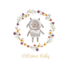 Watercolor welcome baby card with green leaves wreath, plush toy sheep. Isolated on white background. Hand drawn clipart. Perfect for card, postcard, tag, invitation, printing, wrapping.
