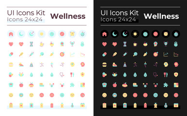 Wellness flat color ui icons set for dark, light mode. Active and healthy lifestyle. GUI, UX design for mobile app. Vector isolated RGB pictograms. Montserrat Bold, Light fonts used