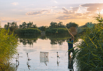 A fisherman using a fishing rod to catch carp in the river while standing in the water. A fisherman...