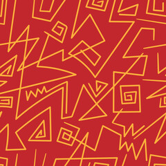 Seamless abstract pattern on red background. Vector doodle image. Graphic geometric ornament.