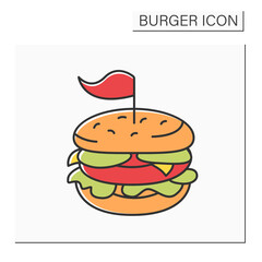 Sandwich color icon. Tasty burger with lettuce, onion, tomatoes and fried meat. Delicious dish from cafe. Fast food concept. Isolated vector illustration