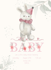 Its a Baby. Baby Shower lettering invitation template with watercolor plush toy and green leaf.