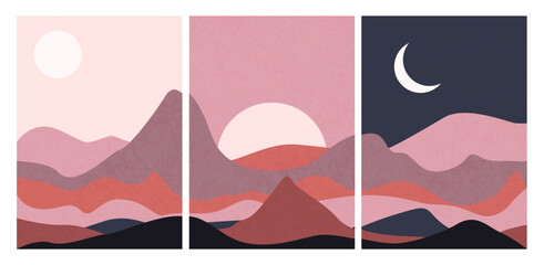 Modern abstract minimalist landscape posters. Desert, sun and moon. Mountains. Pastel colors, earth tones. Boho mid-century prints. Flat design. Stock vector illustration