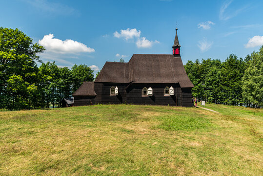 Kostel sv. Antonina Paduanskeho church on Prasiva hill in Moravskoslezske Beskydy mountains in Czech republic