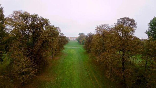 An aerial shot of Castle Slavkov u Brna (Austerlitz Palace), country town east of Brno, south Moravian region, district Vyskov, Czech Republic