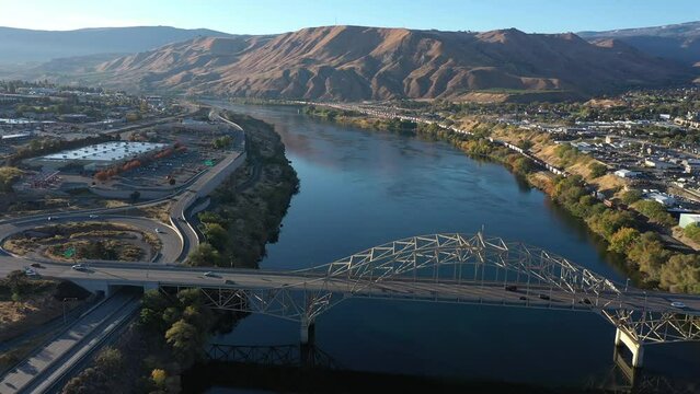 Early Morning Aerial of the Columbia River in Wenatchee Washington - George Sellar Memorial Bridge