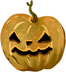 Orange grunge Halloween Pumpkin with scary face, hand-drawn illustration, PNG with transparent background for holiday design, food