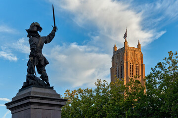 Historical statue of Jean Bart and the belfry of Dunkirk, France