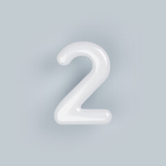 3D White plastic number 2 with a glossy surface on a gray background.