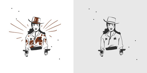 Hand drawn abstract vector graphic clipart illustration boho cowgirl in hat portrait.Western female design concept.Bohemian wild west contemporary art.Cowboy girl modern drawing.American cowgirl logo.