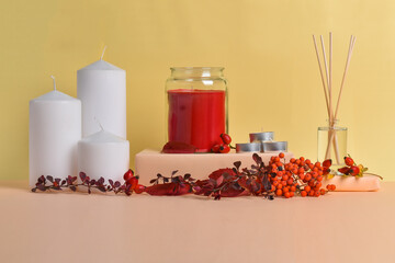 Red Glass Candle on Podium display in fall scenery