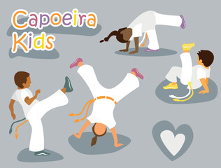 Kids playing capoeira on the training. Boys and girls doing capoeira movements, kicks and acrobatics. Vector illustration background and icons.