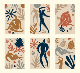 Set of card abstract people doodle and nature icons on isolated white background. Summer collection, organic shapes in freehand matisse art style. Floral art.