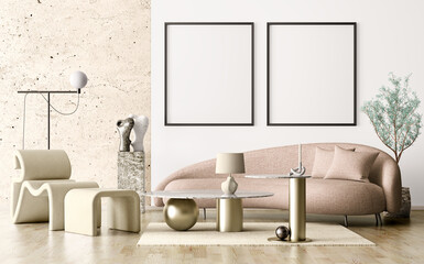 mock up poster frame in modern interior background, living room, Scandinavian style. 3d rendering