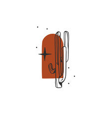 Hand drawn abstract vector graphic clipart illustration boho western print design,cactus and sunset.Western logo design concept.Bohemian wild west contemporary art.Cowboy girl modern drawing logo.