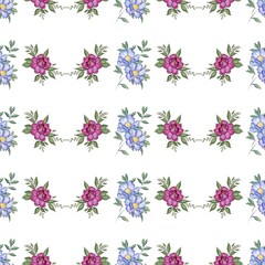 Endless pattern of watercolor flowers on a white background for covers, greeting cards, invitations, birthday and wedding.  Beautiful bright wallpaper.