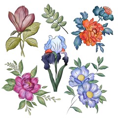 Collection of watercolor isolated flowers on a white background. Separate element for bouquets, wreaths, wedding invitations, anniversaries, birthdays, cards and congratulations.