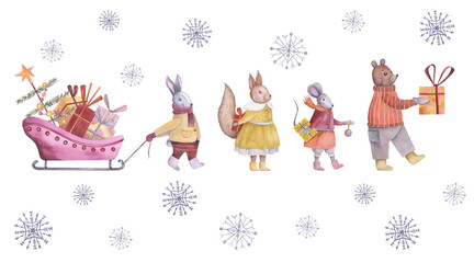 Forest animals with gifts watercolor illustration. Hand painted card on white background. Forest animals illustration for design, stickerpack, card, wrapping paper, postcard, notebook.