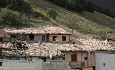 Italy, Umbria: View of the house of Castelluccio, destroyed by the 2016 earthquake.