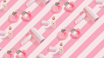 Creative retro pattern with fur handcuffs, hair dryer and lipstick on pink stripe background. Creative diagonal copy space.