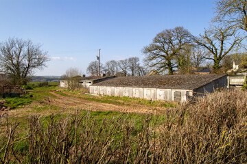 old derelict and unused Devon pig farm with muddy fields, leafless trees and hedges and a blue winter sky 