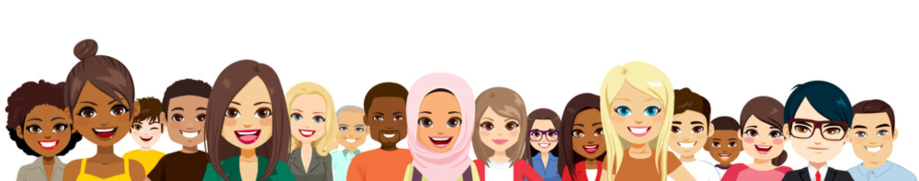 Portrait of multicultural multiethnic crowd of different men and women isolated vector illustration