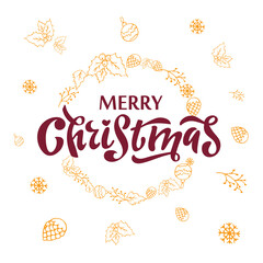Merry Christmas. Hand lettering. Red letters inside golden wreath of cones snowflakes leaves berries twigs. Christmas background. Christmas card invitation congratulation winter holiday. Happy Holiday