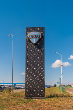 Yelabuga, Russia - August 24, 2022: Sign with the brand name Aurus. Automotive production in Alabuga Special Economic Zone in the Republic of Tatarstan.