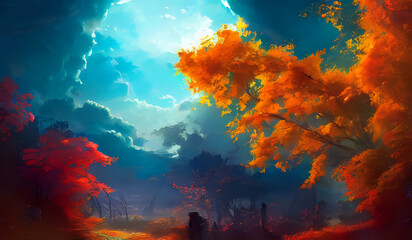 Colorful autumn foliage against a blue sky. Generative AI creation.
