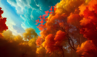 Fototapeta na wymiar Colorful autumn foliage against a blue sky. Generative AI creation.