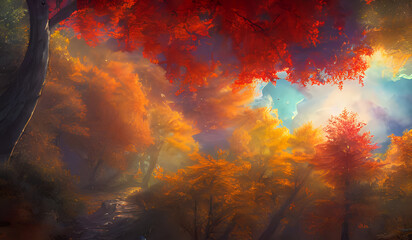 Obraz na płótnie Canvas Colorful autumn foliage against a blue sky. Generative AI creation.