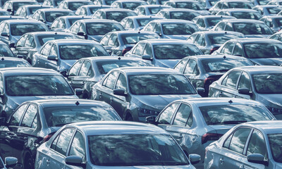 Rows of a new cars parked in a distribution center on a car factory on a sunny day. Parking in the...
