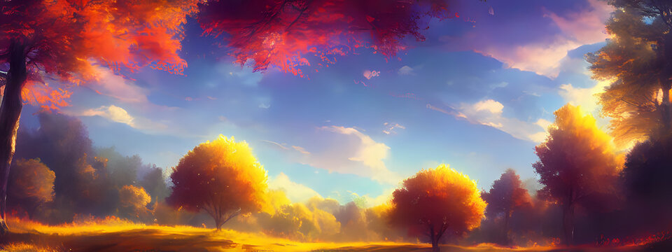 A Vibrant Autumn Landscape Against A Beautiful Sky. Banner Format. Generative AI Creation.