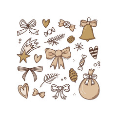 Set of Christmas branch trees, decorations, gift bows, snowflakes, stars, hearts. Colorful winter design doodle vector illustration in flat cartoon style. Boho color concept.