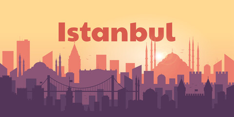 Obraz premium Istanbul Turkey concept. Silhouette of the city of Istanbul at sunset. Travel concept. Template. Illustration.