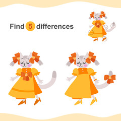 Find 5 differences between cute cats with bows in dresses. Educational game for kids