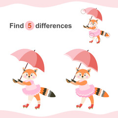 Find 5 differences between cute foxes with umbrellas. Educational game for kids