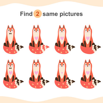 Find two same pictures with foxes. Educational game for children.