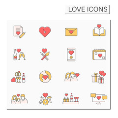 Love color icons set. Romantic relations between people. Relationship concept. Isolated vector illustrations